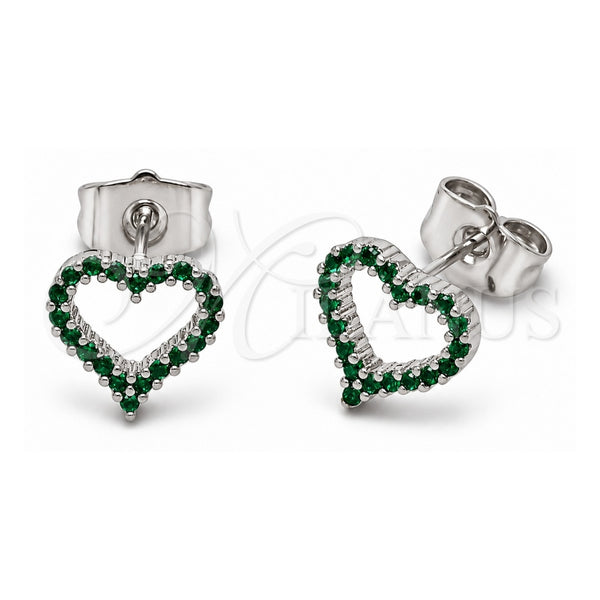 White Gold Filled Stud Earring, Heart Design, with Green Cubic Zirconia, Polished, Rhodium Finish, 02.310.0213