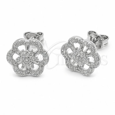 Rhodium Gold Filled Stud Earring, Flower Design, with White Cubic Zirconia, Polished, Rhodium Finish, 02.310.0216