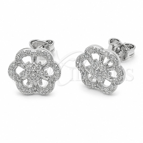 Rhodium Gold Filled Stud Earring, Flower Design, with White Cubic Zirconia, Polished, Rhodium Finish, 02.310.0216