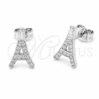 Rhodium Gold Filled Stud Earring, Eiffel Tower and Baguette Design, with White Cubic Zirconia, Polished, Rhodium Finish, 02.310.0220