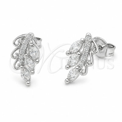Rhodium Gold Filled Stud Earring, Tree and Leaf Design, with White Micro Pave and White Cubic Zirconia, Polished, Rhodium Finish, 02.310.0222