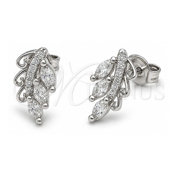 White Gold Filled Stud Earring, Tree and Leaf Design, with White Micro Pave and White Cubic Zirconia, Polished, Rhodium Finish, 02.310.0222