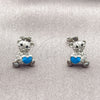 Rhodium Gold Filled Stud Earring, Teddy Bear and Heart Design, with White Micro Pave and Black Cubic Zirconia, Blue Enamel Finish, Rhodium Finish, 02.310.0223
