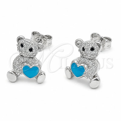 Rhodium Gold Filled Stud Earring, Teddy Bear and Heart Design, with White Micro Pave and Black Cubic Zirconia, Blue Enamel Finish, Rhodium Finish, 02.310.0223
