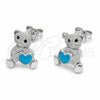 Rhodium Gold Filled Stud Earring, Teddy Bear and Heart Design, with White Micro Pave and Black Cubic Zirconia, Blue Enamel Finish, Rhodium Finish, 02.310.0223