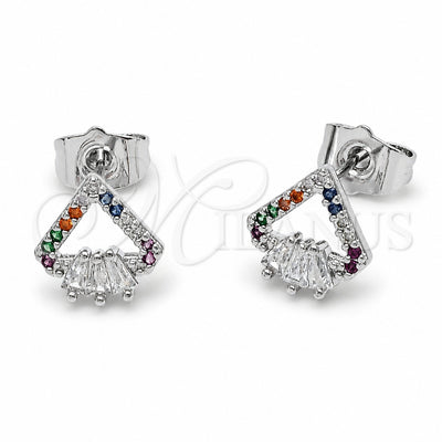 Rhodium Gold Filled Stud Earring, Heart and Diamond Design, with Multicolor and White Cubic Zirconia, Polished, Rhodium Finish, 02.310.0224