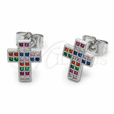 Rhodium Gold Filled Stud Earring, Cross Design, with Multicolor Cubic Zirconia, Polished, Rhodium Finish, 02.310.0225