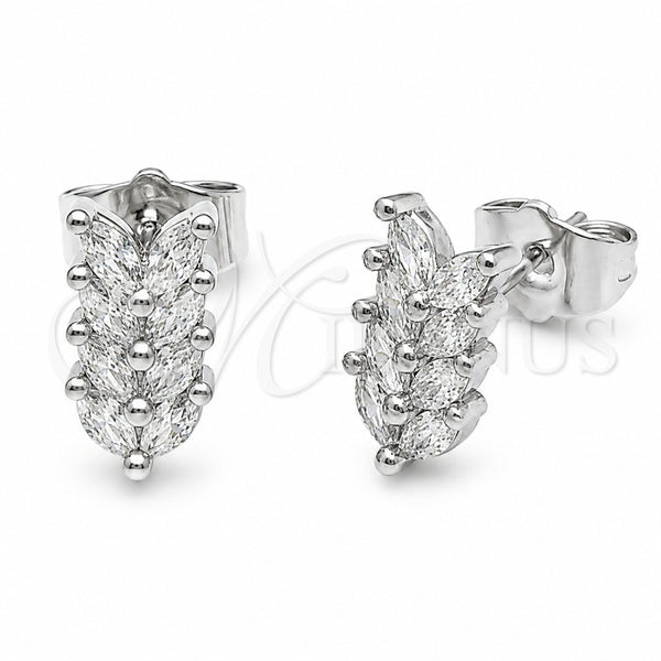 Rhodium Gold Filled Stud Earring, Leaf Design, with White Cubic Zirconia, Polished, Rhodium Finish, 02.310.0226