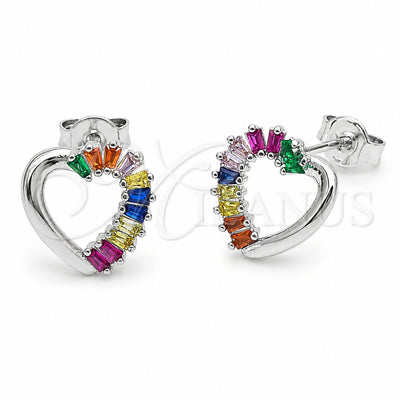 Rhodium Gold Filled Stud Earring, Heart and Baguette Design, with Multicolor Cubic Zirconia, Polished, Rhodium Finish, 02.310.0229