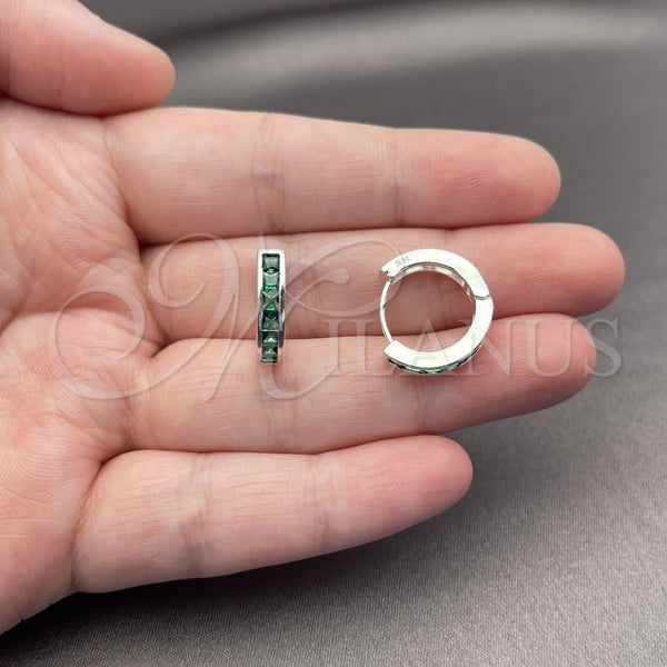 Rhodium Gold Filled Huggie Hoop, with Green Cubic Zirconia, Polished, Silver Finish, 02.282.0143.16