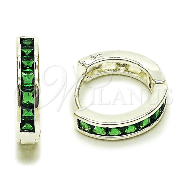 Rhodium Gold Filled Huggie Hoop, with Green Cubic Zirconia, Polished, Silver Finish, 02.282.0143.16