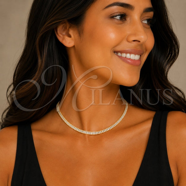 Oro Laminado Fancy Necklace, Gold Filled Style Baguette Design, with White Cubic Zirconia, Polished, Golden Finish, 04.130.0003.12 (Thickness, 12 Inches Length)