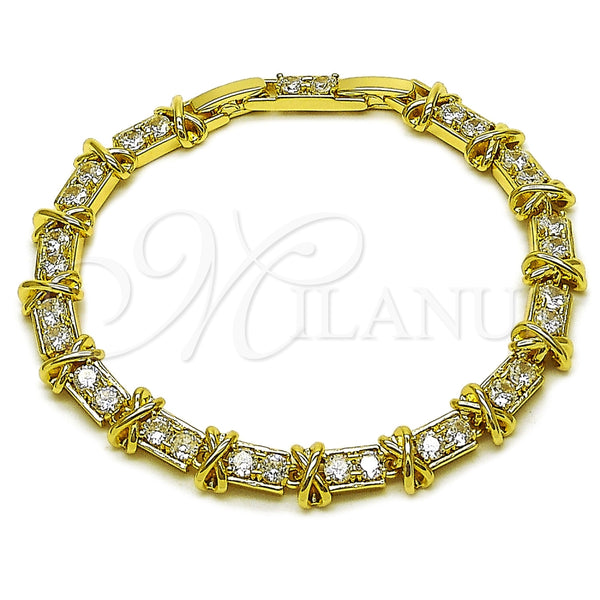 Oro Laminado Fancy Bracelet, Gold Filled Style Hugs and Kisses Design, with White Cubic Zirconia, Polished, Golden Finish, 03.213.0444.08 (Thickness, 8 Inches Length)