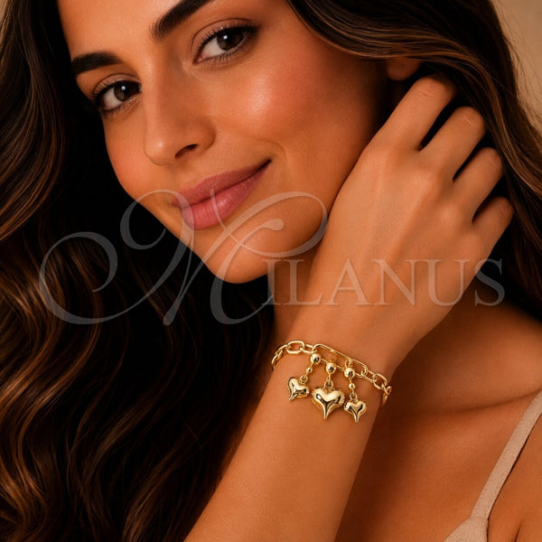 Oro Laminado Fancy Bracelet, Gold Filled Style Heart Design, Polished, Golden Finish, 03.213.0446.07 (09 MM Thickness, 7 Inches Length)