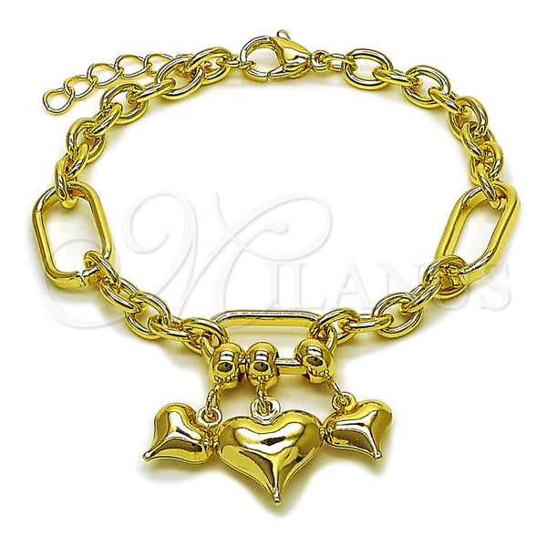 Oro Laminado Fancy Bracelet, Gold Filled Style Heart Design, Polished, Golden Finish, 03.213.0446.07 (09 MM Thickness, 7 Inches Length)