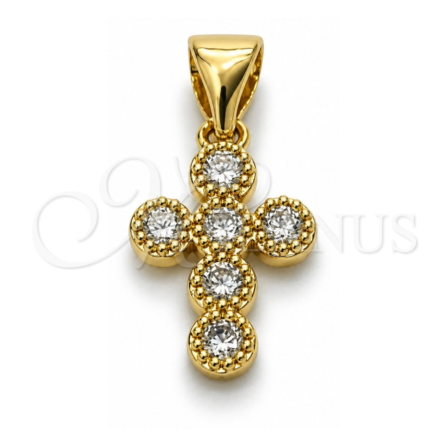Oro Laminado Religious Pendant, Gold Filled Style Cross Design, with White Cubic Zirconia, Polished, Golden Finish, 05.213.0226