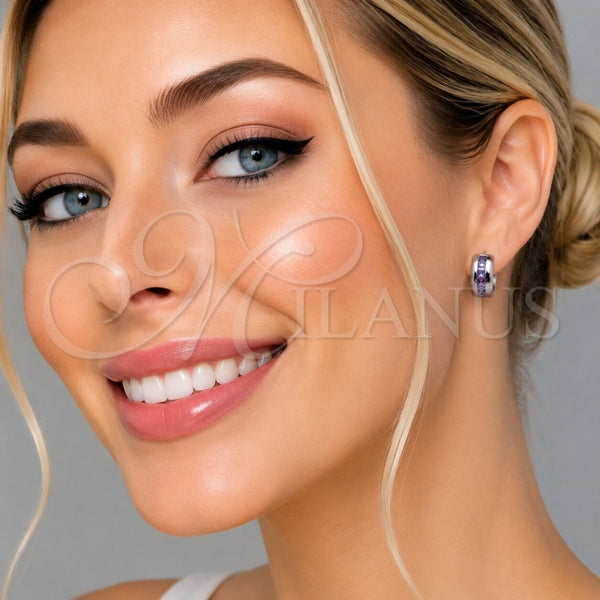 Rhodium Gold Filled Huggie Hoop, with Amethyst Cubic Zirconia, Polished, Rhodium Finish, 02.282.0168.2.14