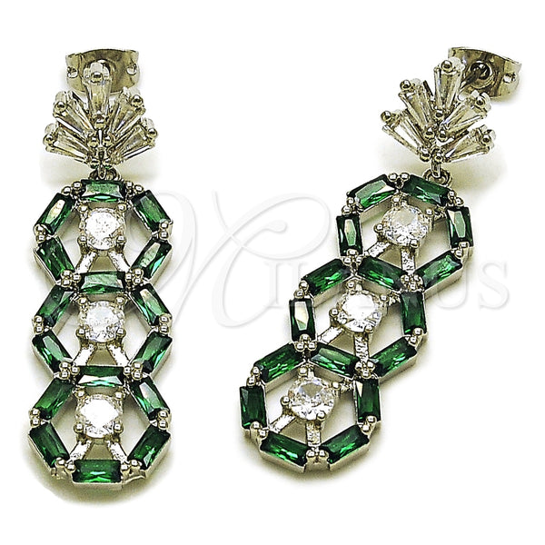 Rhodium Gold Filled Long Earring, Leaf and Cluster Design, with White and Green Cubic Zirconia, Polished, Rhodium Finish, 02.282.0176