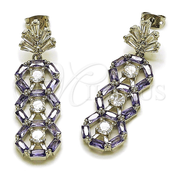 Rhodium Gold Filled Long Earring, Leaf and Cluster Design, with White and Amethyst Cubic Zirconia, Polished, Rhodium Finish, 02.282.0176.1