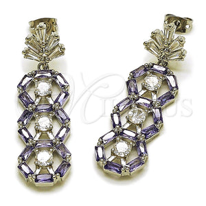 Rhodium Gold Filled Long Earring, Leaf and Cluster Design, with White and Amethyst Cubic Zirconia, Polished, Rhodium Finish, 02.282.0176.1