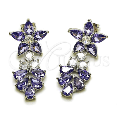 Rhodium Gold Filled Long Earring, Flower and Teardrop Design, with White and Amethyst Cubic Zirconia, Polished for wholesale, main product view