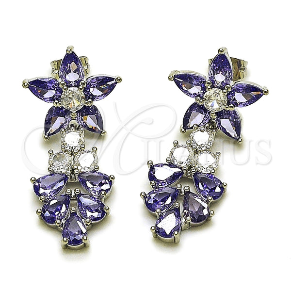 Rhodium Gold Filled Long Earring, Flower and Teardrop Design, with White and Amethyst Cubic Zirconia, Polished, Rhodium Finish, 02.282.0140.1
