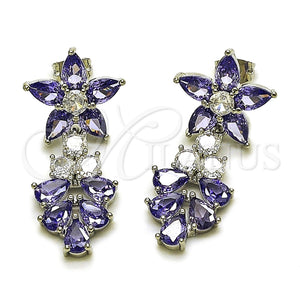 Rhodium Gold Filled Long Earring, Flower and Teardrop Design, with White and Amethyst Cubic Zirconia, Polished, Rhodium Finish, 02.282.0140.1
