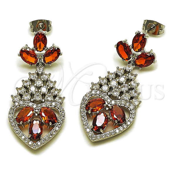 Rhodium Gold Filled Long Earring, Teardrop and Heart Design, with White and Garnet Cubic Zirconia, Polished, Rhodium Finish, 02.282.0104.1
