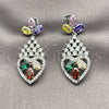Rhodium Gold Filled Long Earring, Heart and Cluster Design, with Multicolor and White Cubic Zirconia, Polished for wholesale, additional product view 4