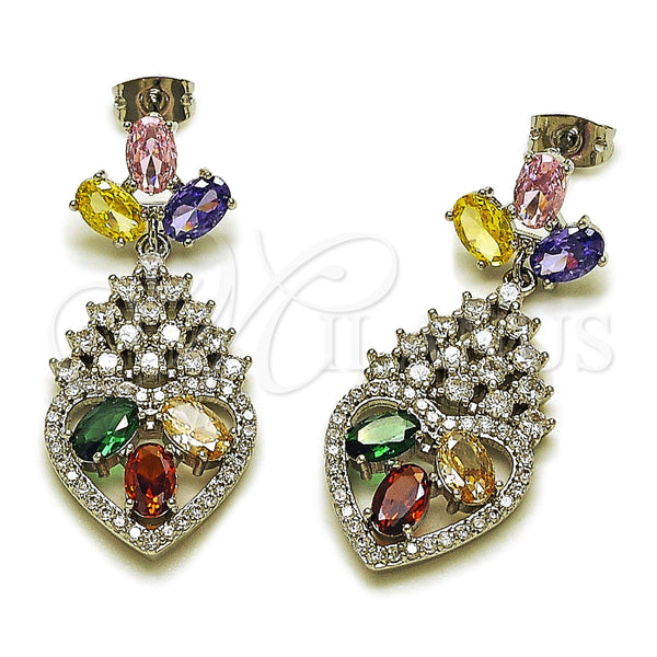 Rhodium Gold Filled Long Earring, Heart and Cluster Design, with Multicolor and White Cubic Zirconia, Polished, Rhodium Finish, 02.282.0104.2