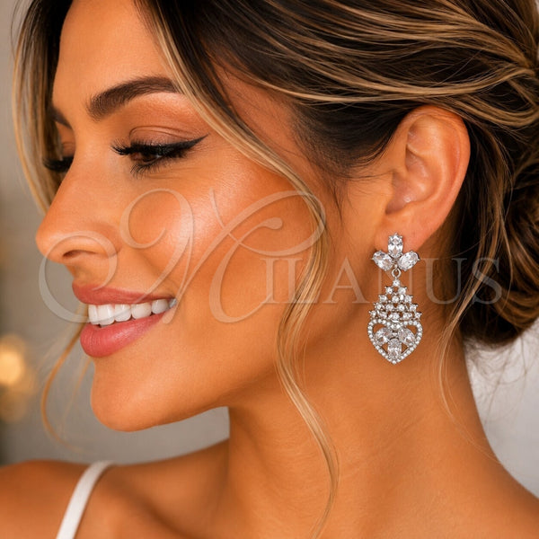Rhodium Gold Filled Long Earring, Heart and Cluster Design, with White Cubic Zirconia, Polished, Rhodium Finish, 02.282.0104.3