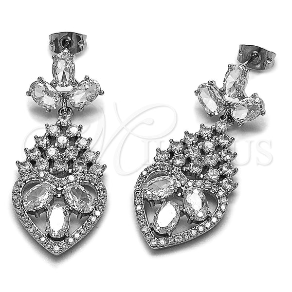 Rhodium Gold Filled Long Earring, Heart and Cluster Design, with White Cubic Zirconia, Polished, Rhodium Finish, 02.282.0104.3