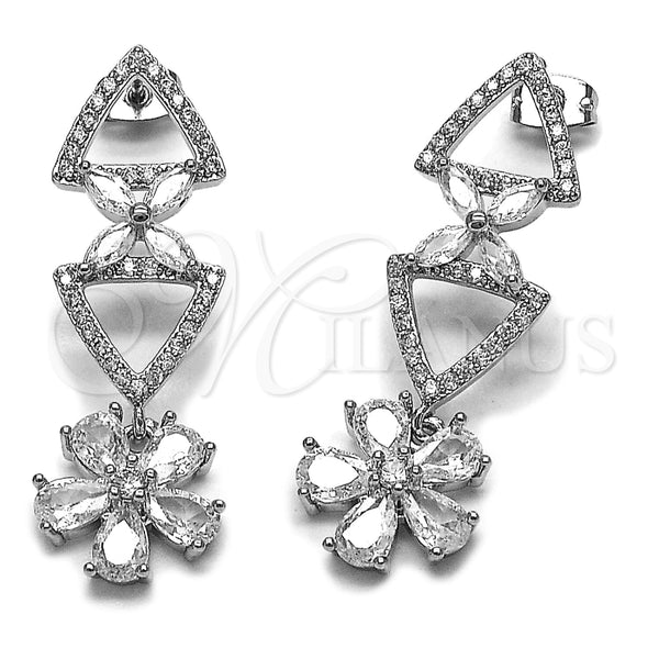 Rhodium Gold Filled Long Earring, Flower Design, with White Cubic Zirconia, Polished, Rhodium Finish, 02.282.0177