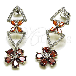 Rhodium Gold Filled Long Earring, Flower Design, with White and Garnet Cubic Zirconia, Polished, Rhodium Finish, 02.282.0177.1