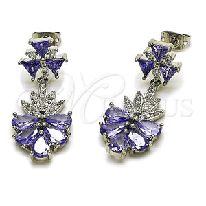 Rhodium Gold Filled Long Earring, Teardrop and Leaf Design, with White and Amethyst Cubic Zirconia, Polished, Rhodium Finish, 02.282.0178
