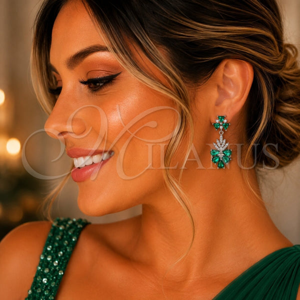 Rhodium Gold Filled Long Earring, Teardrop and Leaf Design, with White and Green Cubic Zirconia, Polished, Rhodium Finish, 02.282.0178.1