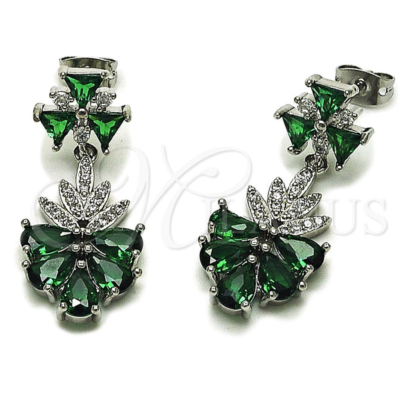 Rhodium Gold Filled Long Earring, Teardrop and Leaf Design, with White and Green Cubic Zirconia, Polished, Rhodium Finish, 02.282.0178.1