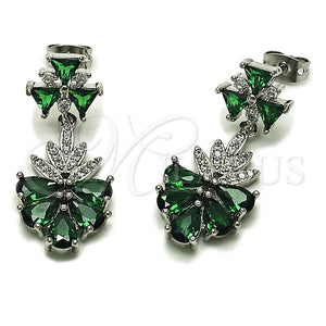 Rhodium Gold Filled Long Earring, Teardrop and Leaf Design, with White and Green Cubic Zirconia, Polished, Rhodium Finish, 02.282.0178.1