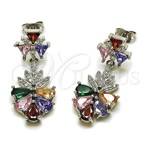 Rhodium Gold Filled Long Earring, Teardrop and Leaf Design, with Multicolor and White Cubic Zirconia, Polished, Rhodium Finish, 02.282.0178.2