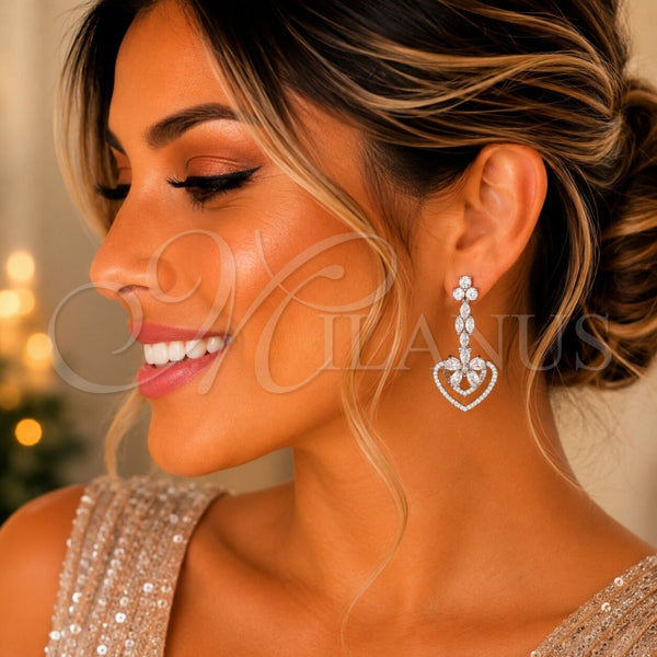 Rhodium Gold Filled Long Earring, Heart and Flower Design, with White Micro Pave and White Cubic Zirconia, Polished, Rhodium Finish, 02.282.0138.1