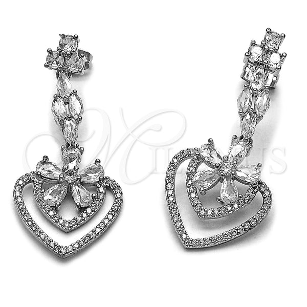 Rhodium Gold Filled Long Earring, Heart and Flower Design, with White Micro Pave and White Cubic Zirconia, Polished, Rhodium Finish, 02.282.0138.1