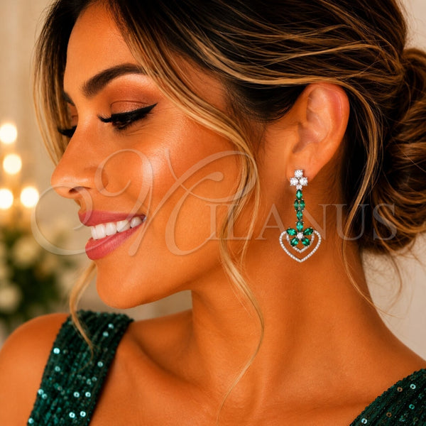 Rhodium Gold Filled Long Earring, Heart and Flower Design, with White Micro Pave and Green Cubic Zirconia, Polished, Rhodium Finish, 02.282.0138.2