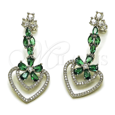 Rhodium Gold Filled Long Earring, Heart and Flower Design, with White Micro Pave and Green Cubic Zirconia for wholesale, main product view