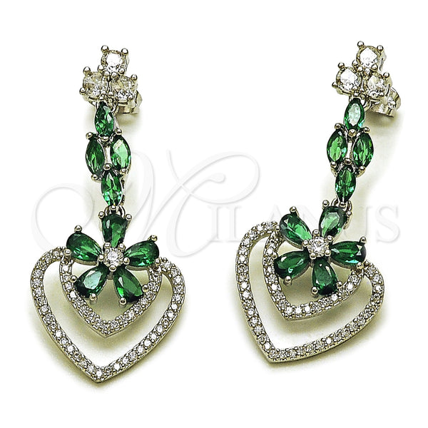 Rhodium Gold Filled Long Earring, Heart and Flower Design, with White Micro Pave and Green Cubic Zirconia, Polished, Rhodium Finish, 02.282.0138.2