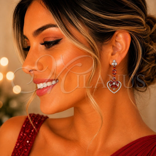 Rhodium Gold Filled Long Earring, Heart and Flower Design, with White Micro Pave and Ruby Cubic Zirconia, Polished, Rhodium Finish, 02.282.0138.3