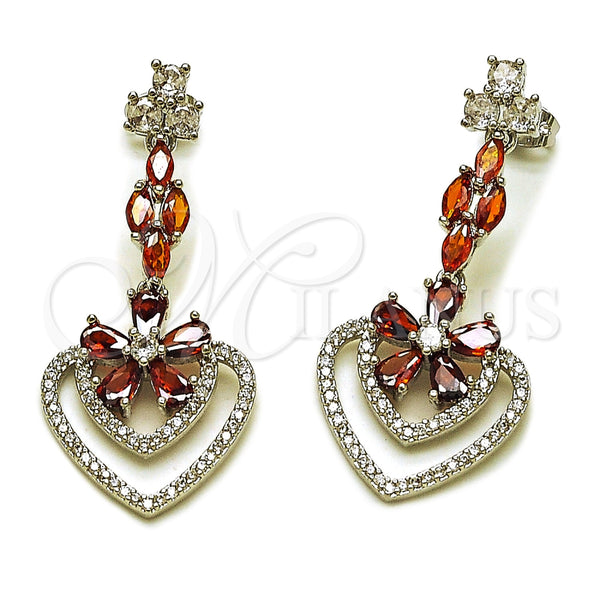 Rhodium Gold Filled Long Earring, Heart and Flower Design, with White Micro Pave and Ruby Cubic Zirconia, Polished, Rhodium Finish, 02.282.0138.3
