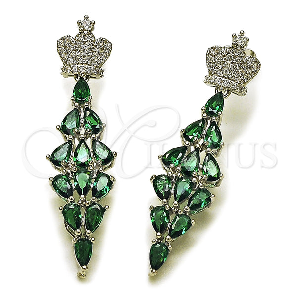 Rhodium Gold Filled Long Earring, Crown and Teardrop Design, with White and Green Cubic Zirconia, Polished, Rhodium Finish, 02.282.0114.3