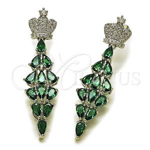 Rhodium Gold Filled Long Earring, Crown and Teardrop Design, with White and Green Cubic Zirconia, Polished, Rhodium Finish, 02.282.0114.3