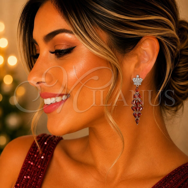 Rhodium Gold Filled Long Earring, Crown and Teardrop Design, with White and Garnet Cubic Zirconia, Polished, Rhodium Finish, 02.282.0114.4
