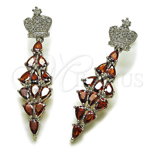 Rhodium Gold Filled Long Earring, Crown and Teardrop Design, with White and Garnet Cubic Zirconia, Polished, Rhodium Finish, 02.282.0114.4